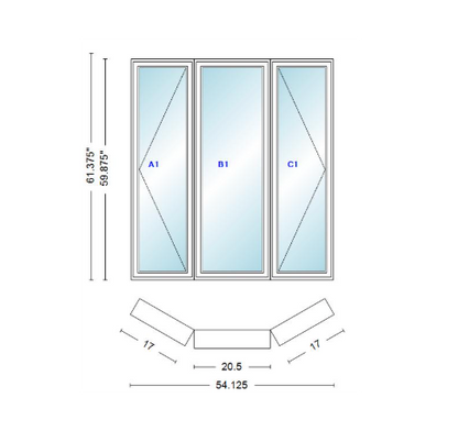 Andersen 400 Series Casement Bay Window Left-Stationary-Right 54 1/8" Wide Casement With Casement Flankers 30 Degree Angle Of Deflection Vinyl Exterior Wood Interior Low-E4 Dual Pane Argon Gas