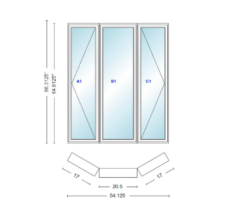 Andersen 400 Series Casement Bay Window Left-Stationary-Right 54 1/8" Wide Casement With Casement Flankers 30 Degree Angle Of Deflection Vinyl Exterior Wood Interior Low-E4 Dual Pane Argon Gas