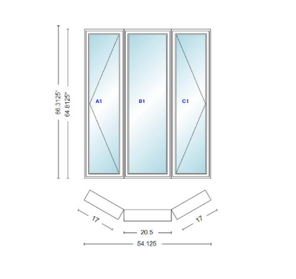 Andersen 400 Series Casement Bay Window Left-Stationary-Right 54 1/8" Wide Casement With Casement Flankers 30 Degree Angle Of Deflection Vinyl Exterior Wood Interior Low-E4 Dual Pane Argon Gas