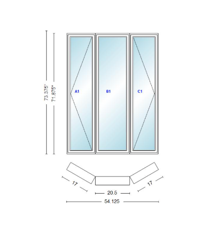 Andersen 400 Series Casement Bay Window Left-Stationary-Right 54 1/8" Wide Casement With Casement Flankers 30 Degree Angle Of Deflection Vinyl Exterior Wood Interior Low-E4 Dual Pane Argon Gas