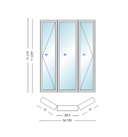 Andersen 400 Series Casement Bay Window Left-Stationary-Right 54 1/8" Wide Casement With Casement Flankers 30 Degree Angle Of Deflection Vinyl Exterior Wood Interior Low-E4 Dual Pane Argon Gas