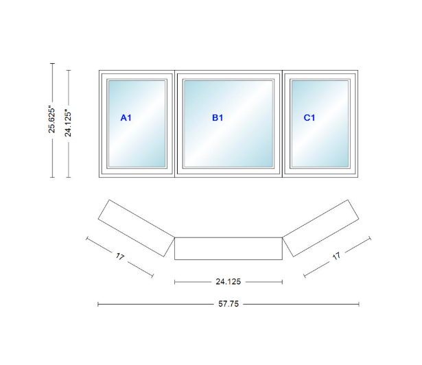 Andersen 400 Series Casement Bay Window Left-Stationary-Right 57 3/4" Wide Casement With Casement Flankers 30 Degree Angle Of Deflection Vinyl Exterior Wood Interior Low-E4 Dual Pane Argon Gas