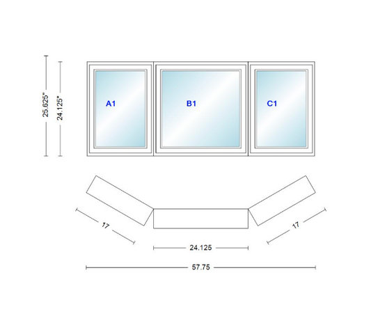 Andersen 400 Series Casement Bay Window Left-Stationary-Right 57 3/4" Wide Casement With Casement Flankers 30 Degree Angle Of Deflection Vinyl Exterior Wood Interior Low-E4 Dual Pane Argon Gas