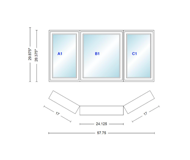 Andersen 400 Series Casement Bay Window Left-Stationary-Right 57 3/4" Wide Casement With Casement Flankers 30 Degree Angle Of Deflection Vinyl Exterior Wood Interior Low-E4 Dual Pane Argon Gas