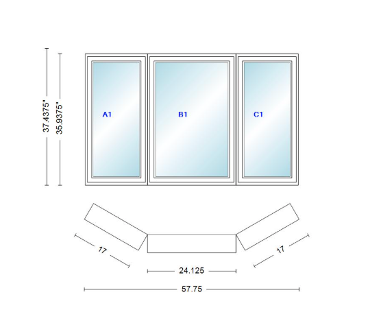 Andersen 400 Series Casement Bay Window Left-Stationary-Right 57 3/4" Wide Casement With Casement Flankers 30 Degree Angle Of Deflection Vinyl Exterior Wood Interior Low-E4 Dual Pane Argon Gas