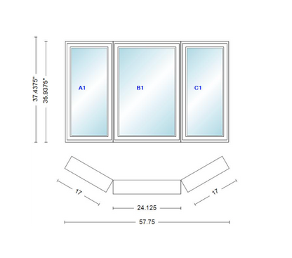 Andersen 400 Series Casement Bay Window Left-Stationary-Right 57 3/4" Wide Casement With Casement Flankers 30 Degree Angle Of Deflection Vinyl Exterior Wood Interior Low-E4 Dual Pane Argon Gas