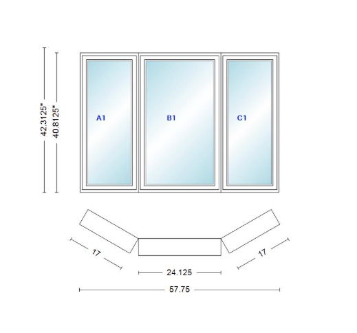Andersen 400 Series Casement Bay Window Left-Stationary-Right 57 3/4" Wide Casement With Casement Flankers 30 Degree Angle Of Deflection Vinyl Exterior Wood Interior Low-E4 Dual Pane Argon Gas