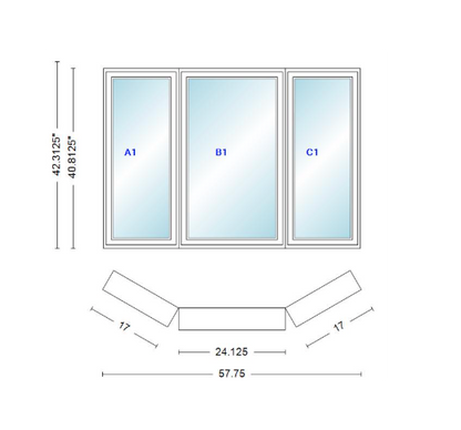 Andersen 400 Series Casement Bay Window Left-Stationary-Right 57 3/4" Wide Casement With Casement Flankers 30 Degree Angle Of Deflection Vinyl Exterior Wood Interior Low-E4 Dual Pane Argon Gas