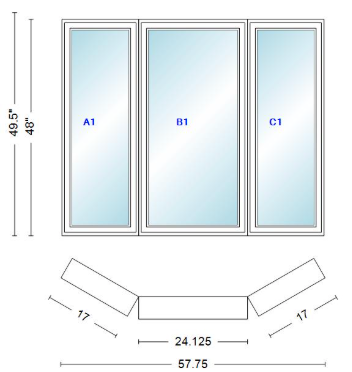 Andersen 400 Series Casement Bay Window Left-Stationary-Right 57 3/4" Wide Casement With Casement Flankers 30 Degree Angle Of Deflection Vinyl Exterior Wood Interior Low-E4 Dual Pane Argon Gas