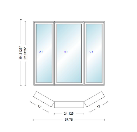 Andersen 400 Series Casement Bay Window Left-Stationary-Right 57 3/4" Wide Casement With Casement Flankers 30 Degree Angle Of Deflection Vinyl Exterior Wood Interior Low-E4 Dual Pane Argon Gas
