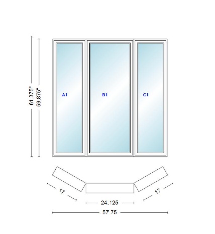 Andersen 400 Series Casement Bay Window Left-Stationary-Right 57 3/4" Wide Casement With Casement Flankers 30 Degree Angle Of Deflection Vinyl Exterior Wood Interior Low-E4 Dual Pane Argon Gas