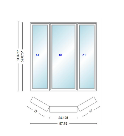 Andersen 400 Series Casement Bay Window Left-Stationary-Right 57 3/4" Wide Casement With Casement Flankers 30 Degree Angle Of Deflection Vinyl Exterior Wood Interior Low-E4 Dual Pane Argon Gas
