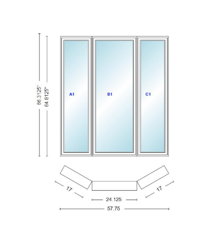 Andersen 400 Series Casement Bay Window Left-Stationary-Right 57 3/4" Wide Casement With Casement Flankers 30 Degree Angle Of Deflection Vinyl Exterior Wood Interior Low-E4 Dual Pane Argon Gas