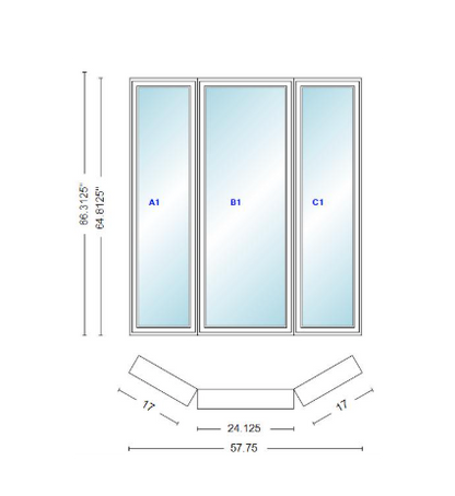 Andersen 400 Series Casement Bay Window Left-Stationary-Right 57 3/4" Wide Casement With Casement Flankers 30 Degree Angle Of Deflection Vinyl Exterior Wood Interior Low-E4 Dual Pane Argon Gas