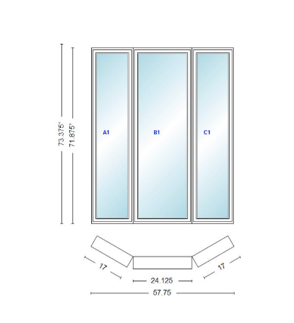 Andersen 400 Series Casement Bay Window Left-Stationary-Right 57 3/4" Wide Casement With Casement Flankers 30 Degree Angle Of Deflection Vinyl Exterior Wood Interior Low-E4 Dual Pane Argon Gas