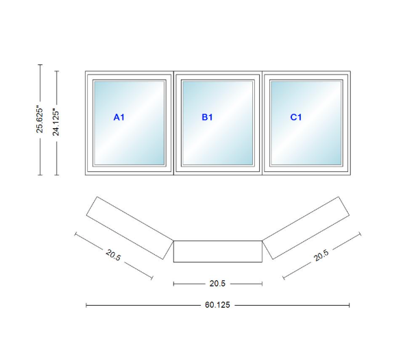 Andersen 400 Series Casement Bay Window Left-Stationary-Right 60 1/8" Wide Casement With Casement Flankers 30 Degree Angle Of Deflection Vinyl Exterior Wood Interior Low-E4 Dual Pane Argon Gas