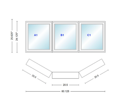 Andersen 400 Series Casement Bay Window Left-Stationary-Right 60 1/8" Wide Casement With Casement Flankers 30 Degree Angle Of Deflection Vinyl Exterior Wood Interior Low-E4 Dual Pane Argon Gas