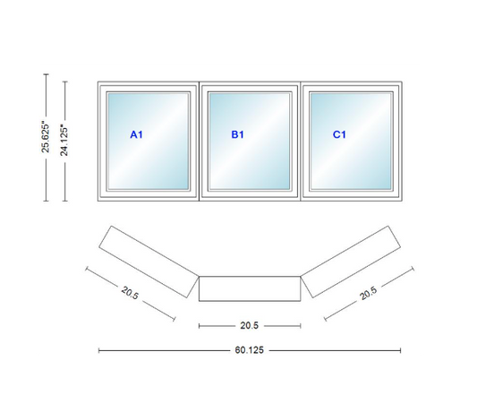Andersen 400 Series Casement Bay Window Left-Stationary-Right 60 1/8" Wide Casement With Casement Flankers 30 Degree Angle Of Deflection Vinyl Exterior Wood Interior Low-E4 Dual Pane Argon Gas