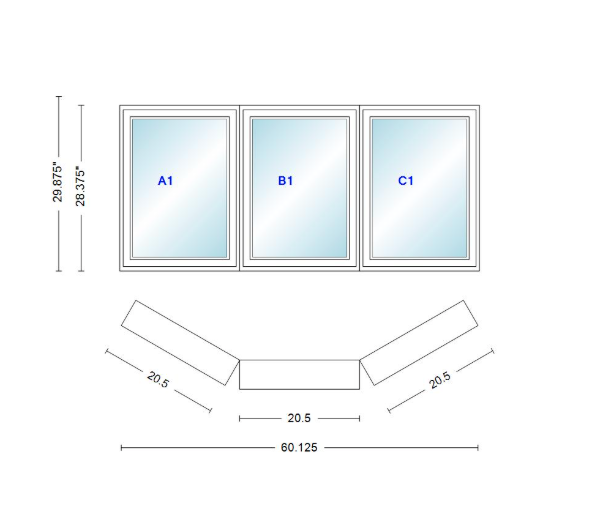 Andersen 400 Series Casement Bay Window Left-Stationary-Right 60 1/8" Wide Casement With Casement Flankers 30 Degree Angle Of Deflection Vinyl Exterior Wood Interior Low-E4 Dual Pane Argon Gas