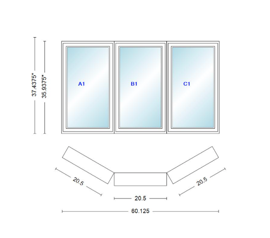 Andersen 400 Series Casement Bay Window Left-Stationary-Right 60 1/8" Wide Casement With Casement Flankers 30 Degree Angle Of Deflection Vinyl Exterior Wood Interior Low-E4 Dual Pane Argon Gas