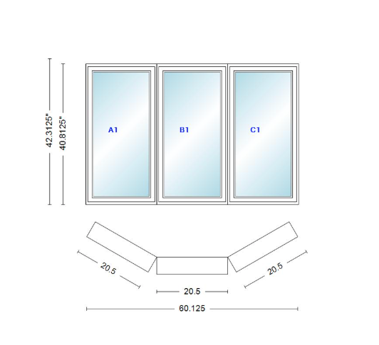 Andersen 400 Series Casement Bay Window Left-Stationary-Right 60 1/8" Wide Casement With Casement Flankers 30 Degree Angle Of Deflection Vinyl Exterior Wood Interior Low-E4 Dual Pane Argon Gas