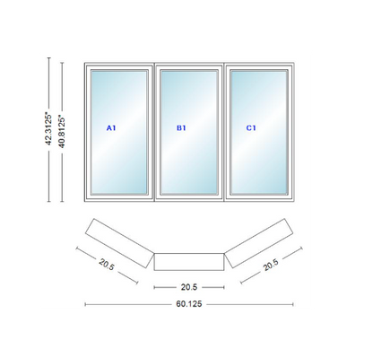Andersen 400 Series Casement Bay Window Left-Stationary-Right 60 1/8" Wide Casement With Casement Flankers 30 Degree Angle Of Deflection Vinyl Exterior Wood Interior Low-E4 Dual Pane Argon Gas