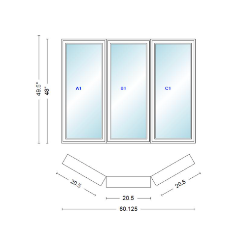 Andersen 400 Series Casement Bay Window Left-Stationary-Right 60 1/8" Wide Casement With Casement Flankers 30 Degree Angle Of Deflection Vinyl Exterior Wood Interior Low-E4 Dual Pane Argon Gas