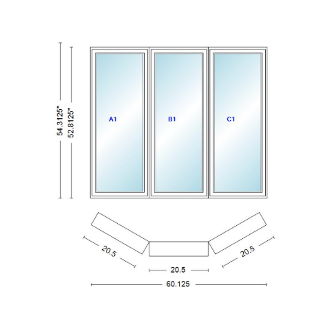 Andersen 400 Series Casement Bay Window Left-Stationary-Right 60 1/8" Wide Casement With Casement Flankers 30 Degree Angle Of Deflection Vinyl Exterior Wood Interior Low-E4 Dual Pane Argon Gas