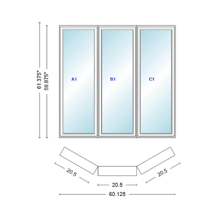 Andersen 400 Series Casement Bay Window Left-Stationary-Right 60 1/8" Wide Casement With Casement Flankers 30 Degree Angle Of Deflection Vinyl Exterior Wood Interior Low-E4 Dual Pane Argon Gas