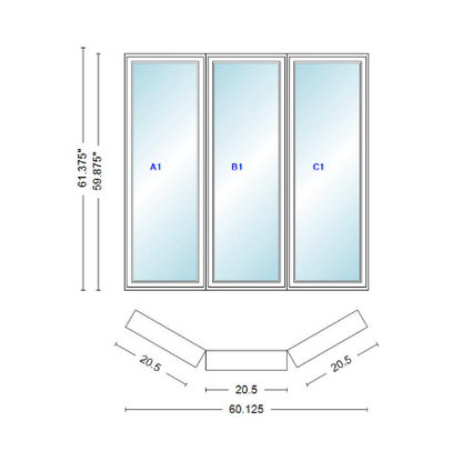 Andersen 400 Series Casement Bay Window Left-Stationary-Right 60 1/8" Wide Casement With Casement Flankers 30 Degree Angle Of Deflection Vinyl Exterior Wood Interior Low-E4 Dual Pane Argon Gas
