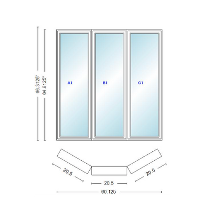 Andersen 400 Series Casement Bay Window Left-Stationary-Right 60 1/8" Wide Casement With Casement Flankers 30 Degree Angle Of Deflection Vinyl Exterior Wood Interior Low-E4 Dual Pane Argon Gas