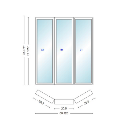 Andersen 400 Series Casement Bay Window Left-Stationary-Right 60 1/8" Wide Casement With Casement Flankers 30 Degree Angle Of Deflection Vinyl Exterior Wood Interior Low-E4 Dual Pane Argon Gas