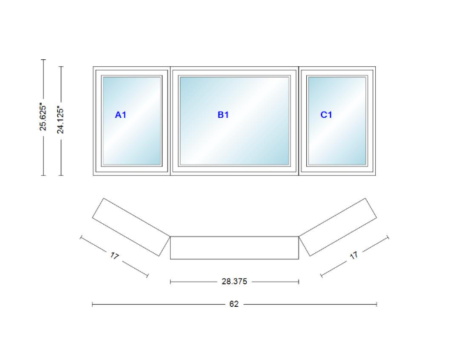 Andersen 400 Series Casement Bay Window Left-Stationary-Right 62" Wide Casement With Casement Flankers 30 Degree Angle Of Deflection Vinyl Exterior Wood Interior Low-E4 Dual Pane Argon Gas