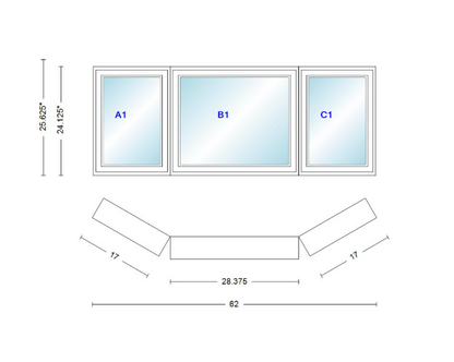 Andersen 400 Series Casement Bay Window Left-Stationary-Right 62" Wide Casement With Casement Flankers 30 Degree Angle Of Deflection Vinyl Exterior Wood Interior Low-E4 Dual Pane Argon Gas