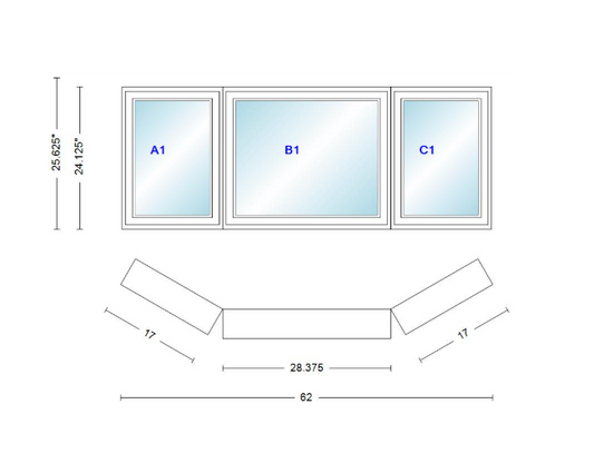 Andersen 400 Series Casement Bay Window Left-Stationary-Right 62" Wide Casement With Casement Flankers 30 Degree Angle Of Deflection Vinyl Exterior Wood Interior Low-E4 Dual Pane Argon Gas