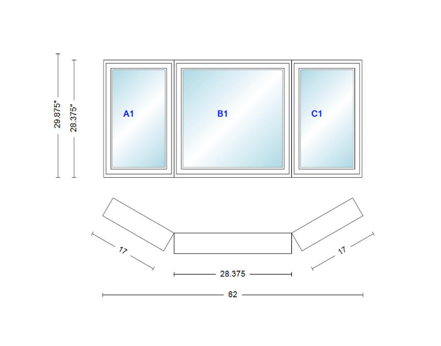 Andersen 400 Series Casement Bay Window Left-Stationary-Right 62" Wide Casement With Casement Flankers 30 Degree Angle Of Deflection Vinyl Exterior Wood Interior Low-E4 Dual Pane Argon Gas