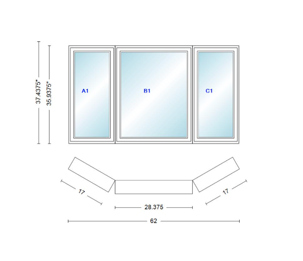 Andersen 400 Series Casement Bay Window Left-Stationary-Right 62" Wide Casement With Casement Flankers 30 Degree Angle Of Deflection Vinyl Exterior Wood Interior Low-E4 Dual Pane Argon Gas