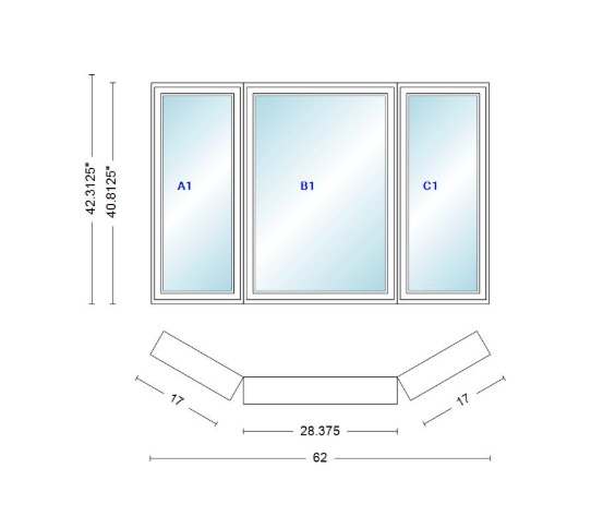 Andersen 400 Series Casement Bay Window Left-Stationary-Right 62" Wide Casement With Casement Flankers 30 Degree Angle Of Deflection Vinyl Exterior Wood Interior Low-E4 Dual Pane Argon Gas