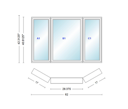 Andersen 400 Series Casement Bay Window Left-Stationary-Right 62" Wide Casement With Casement Flankers 30 Degree Angle Of Deflection Vinyl Exterior Wood Interior Low-E4 Dual Pane Argon Gas