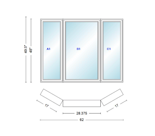 Andersen 400 Series Casement Bay Window Left-Stationary-Right 62" Wide Casement With Casement Flankers 30 Degree Angle Of Deflection Vinyl Exterior Wood Interior Low-E4 Dual Pane Argon Gas