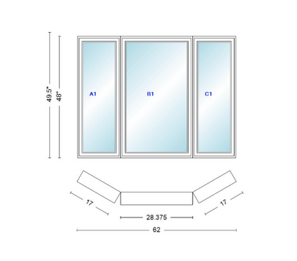 Andersen 400 Series Casement Bay Window Left-Stationary-Right 62" Wide Casement With Casement Flankers 30 Degree Angle Of Deflection Vinyl Exterior Wood Interior Low-E4 Dual Pane Argon Gas