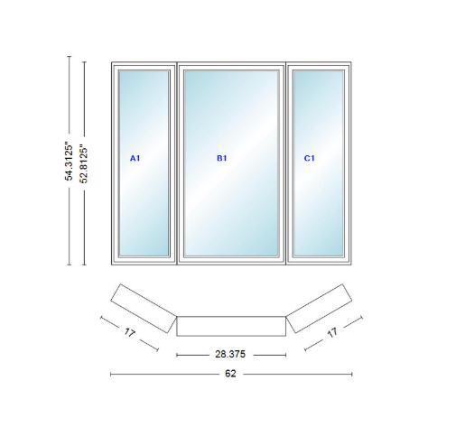 Andersen 400 Series Casement Bay Window Left-Stationary-Right 62" Wide Casement With Casement Flankers 30 Degree Angle Of Deflection Vinyl Exterior Wood Interior Low-E4 Dual Pane Argon Gas