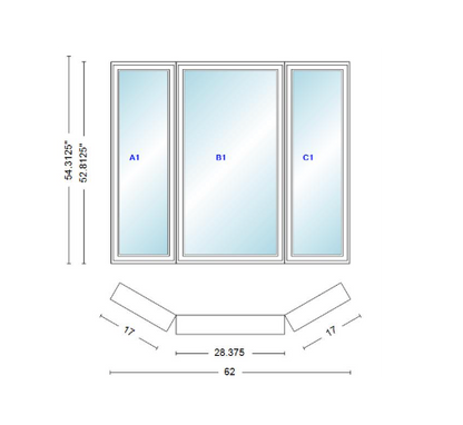 Andersen 400 Series Casement Bay Window Left-Stationary-Right 62" Wide Casement With Casement Flankers 30 Degree Angle Of Deflection Vinyl Exterior Wood Interior Low-E4 Dual Pane Argon Gas