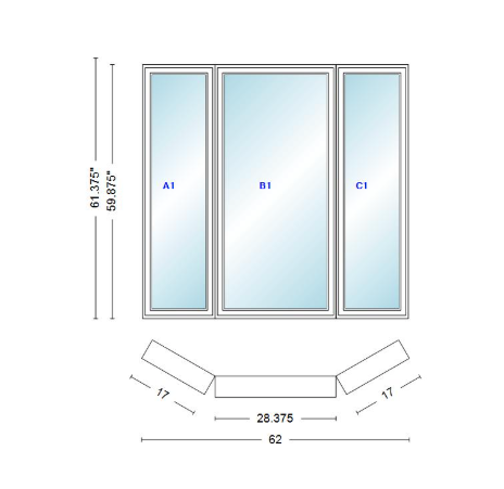 Andersen 400 Series Casement Bay Window Left-Stationary-Right 62" Wide Casement With Casement Flankers 30 Degree Angle Of Deflection Vinyl Exterior Wood Interior Low-E4 Dual Pane Argon Gas