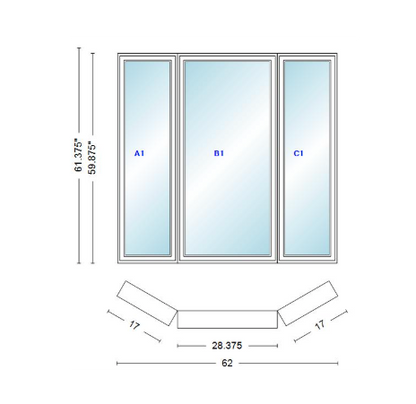 Andersen 400 Series Casement Bay Window Left-Stationary-Right 62" Wide Casement With Casement Flankers 30 Degree Angle Of Deflection Vinyl Exterior Wood Interior Low-E4 Dual Pane Argon Gas