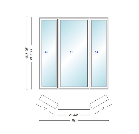 Andersen 400 Series Casement Bay Window Left-Stationary-Right 62" Wide Casement With Casement Flankers 30 Degree Angle Of Deflection Vinyl Exterior Wood Interior Low-E4 Dual Pane Argon Gas