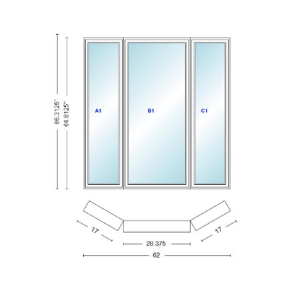 Andersen 400 Series Casement Bay Window Left-Stationary-Right 62" Wide Casement With Casement Flankers 30 Degree Angle Of Deflection Vinyl Exterior Wood Interior Low-E4 Dual Pane Argon Gas