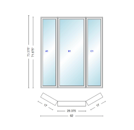 Andersen 400 Series Casement Bay Window Left-Stationary-Right 62" Wide Casement With Casement Flankers 30 Degree Angle Of Deflection Vinyl Exterior Wood Interior Low-E4 Dual Pane Argon Gas