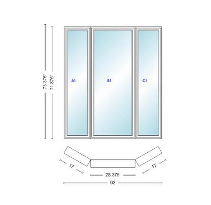 Andersen 400 Series Casement Bay Window Left-Stationary-Right 62" Wide Casement With Casement Flankers 30 Degree Angle Of Deflection Vinyl Exterior Wood Interior Low-E4 Dual Pane Argon Gas
