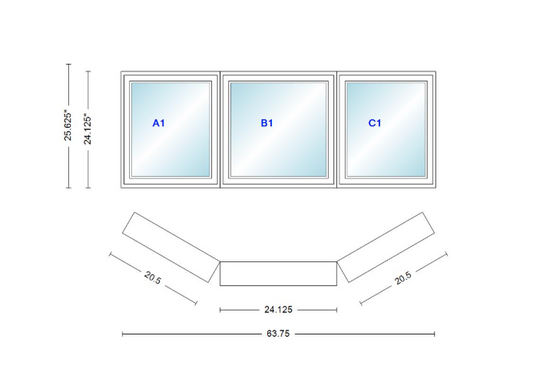 Andersen 400 Series Casement Bay Window Left-Stationary-Right 63 3/4" Wide Casement With Casement Flankers 30 Degree Angle Of Deflection Vinyl Exterior Wood Interior Low-E4 Dual Pane Argon Gas